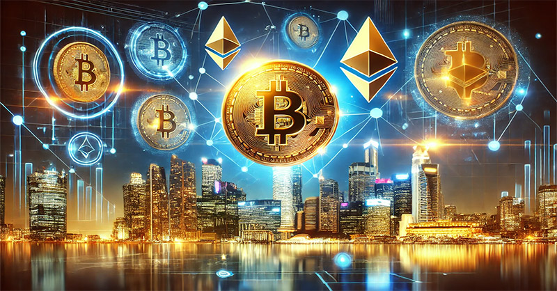 Représentation futuriste de la crypto monnaie avec des symboles Bitcoin et Ethereum sur un fond de réseau blockchain lumineux