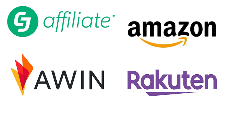 Image représentant les logos des quatres affiliation populaires : Amazon, Rakuten, Awin, CJ Affiliate.